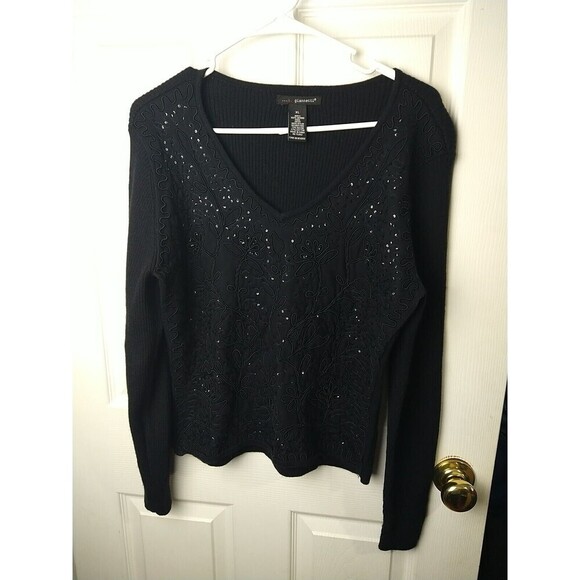 A Giannetti Black V Neck Floral Design Sequin Front Long Sleeve Sweater. Size XL - Picture 1 of 11